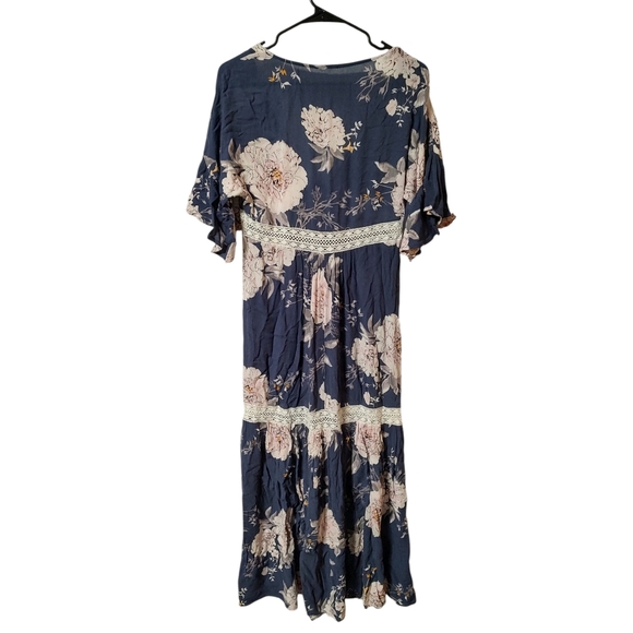 Umgee Blue Floral Tiered Maxi Dress with White Lace Trim - Picture 3 of 4